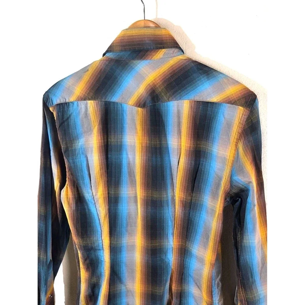 Banana Republic Pearl Snap Western Plaid Shirt Men’s Small Blue Yellow Long
